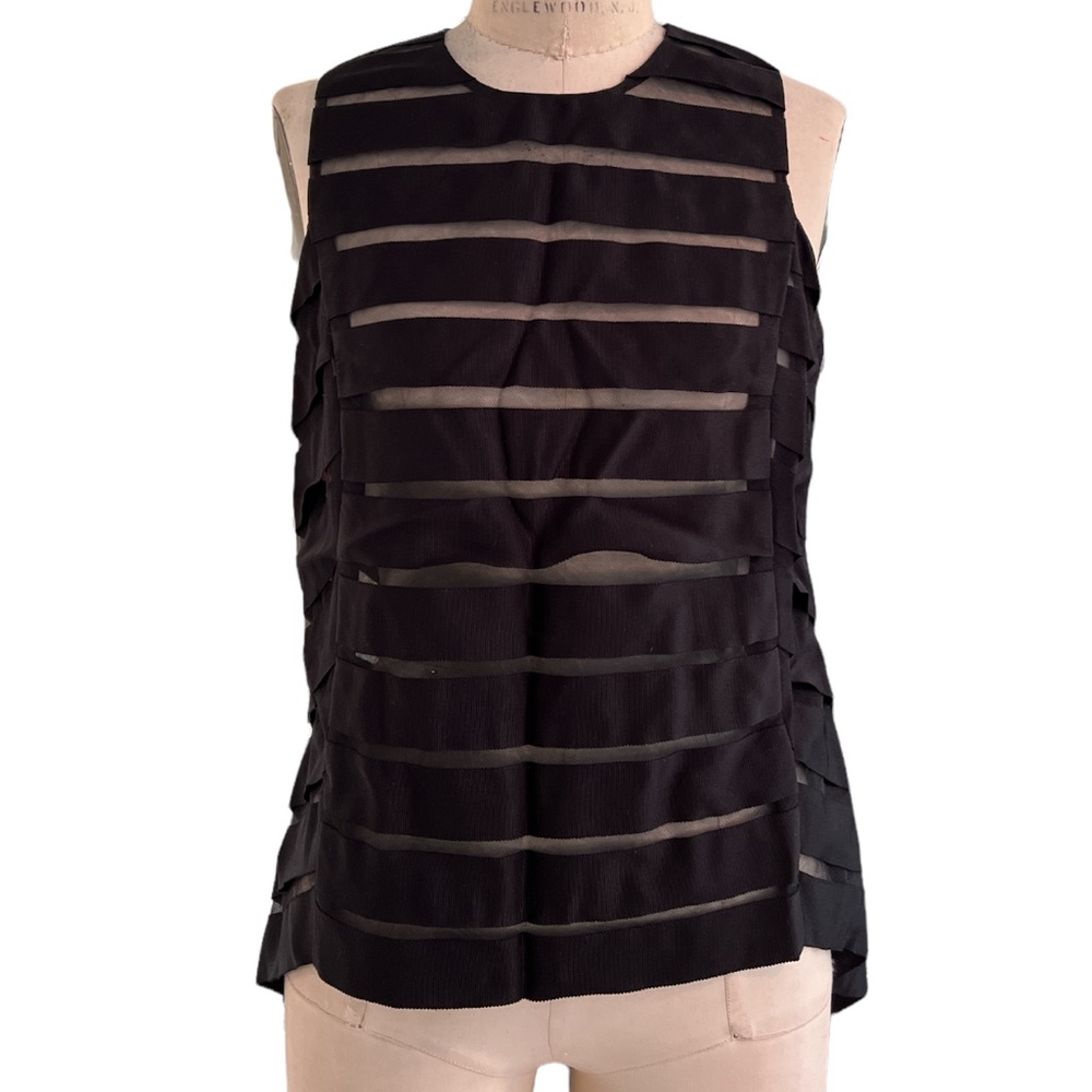 Lela Rose Black Mesh Stripe Sleeveless Top
